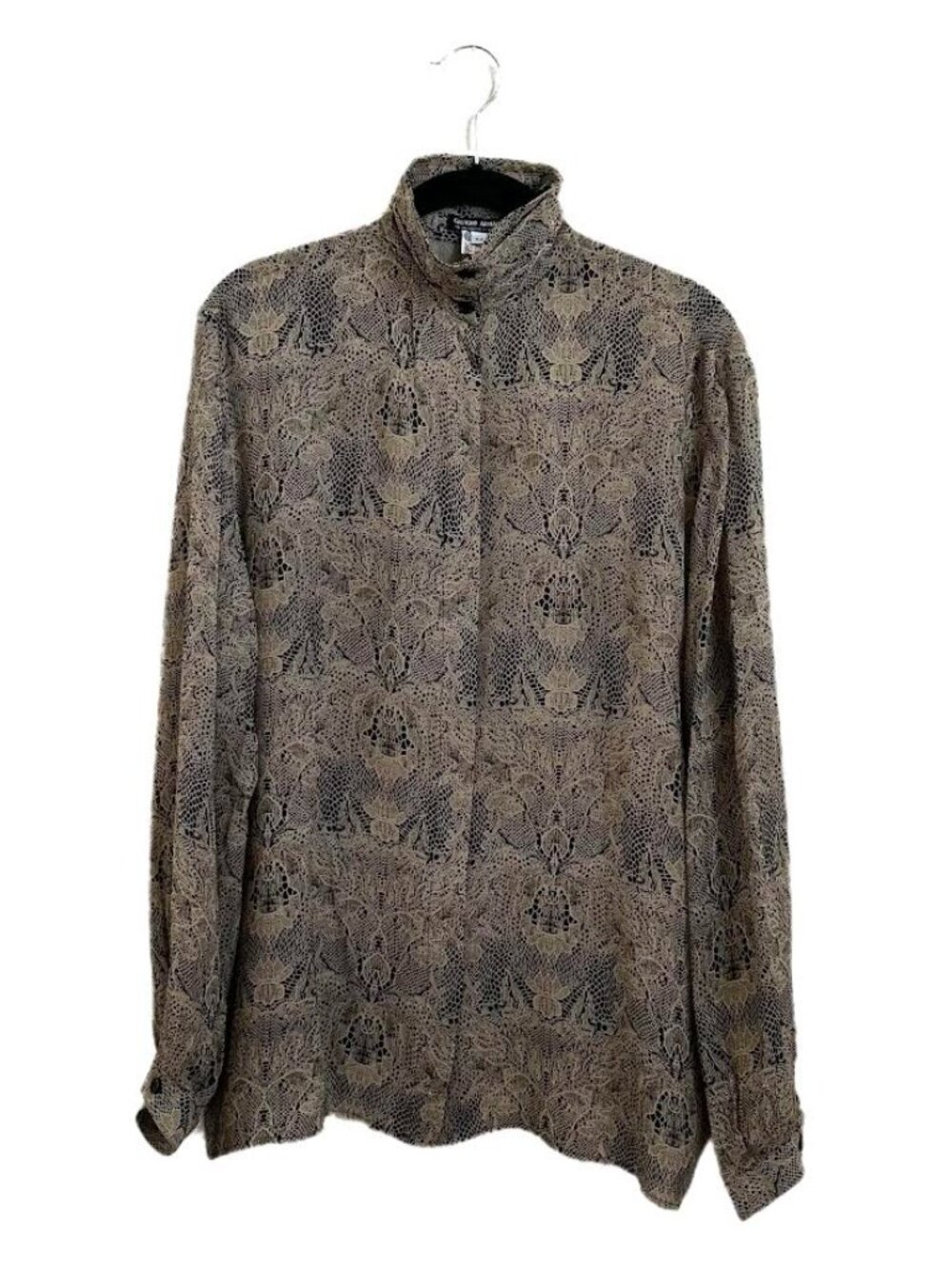 Vintage 1980's Giorgio Armani Silk Blouse Moth Lace Print Black Label Greige